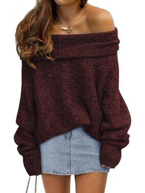 〽️Women's Wine Red Off Shoulder Loose Oversized Knit Pullover Sweater Fall Top